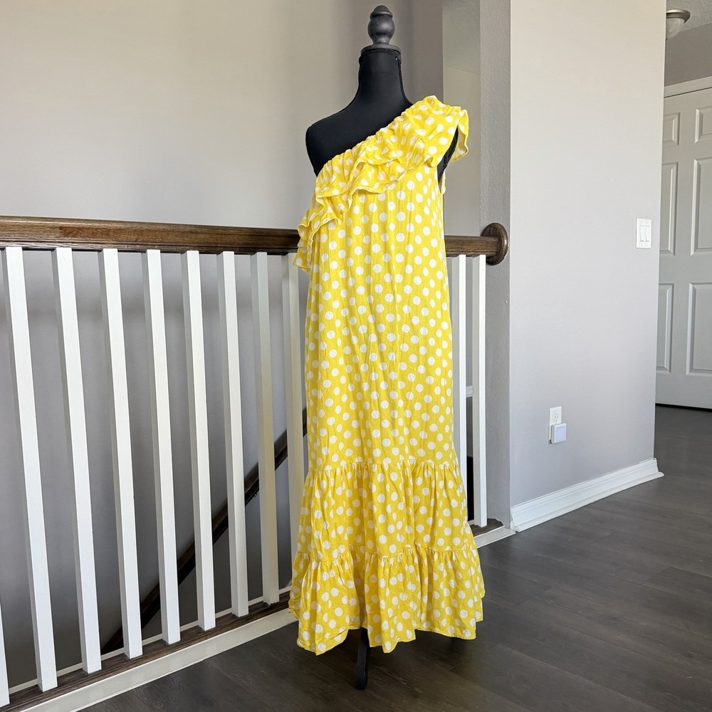 LISA MARIE FERNANDEZ X TARGET Linen Blend Yellow One Shoulder Polka Dot Dress M